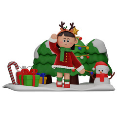 3d girl cartoon christmas Greeting pose isolated on transparent background
