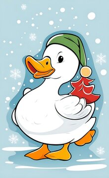 cartoon duck with christmas tree and snowflakes in background.