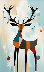painting of a deer with a colorful pattern and ornaments hanging from it's antlers.