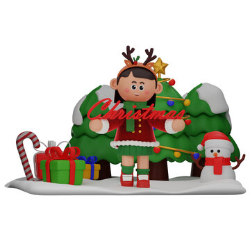3d girl cartoon christmas Holding Big Christmas Text pose isolated on transparent background