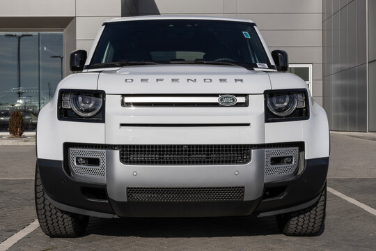 Land Rover Defender display at a dealership. Land Rover offers the Defender in 90, 110 and 130 models. MY:2024
