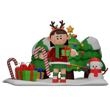 3d girl cartoon christmas Holding Candy and Gifts pose isolated on transparent background