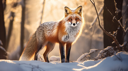 Fototapeta premium Wild red fox in a snowy winter forest.