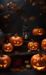 there are many pumpkins that are lit up in the dark.