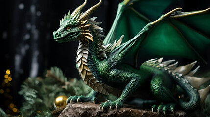 The symbol of 2024 is the Chinese green dragon. Background for New Year's winter postcard.