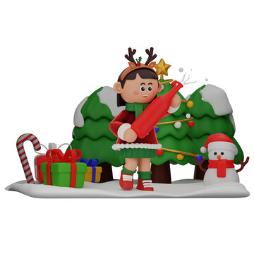 3d girl cartoon christmas Holding Champagne pose isolated on transparent background
