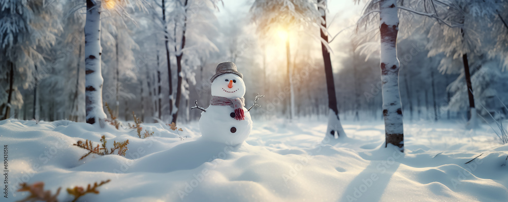 Sticker winter background with a snowman in a winter snowy forest. new year header for a website with copy s