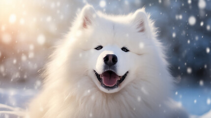 Beautiful cute white Samoyed dog in a snowy winter forest.