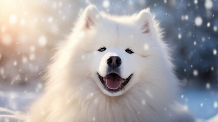 Obraz premium Beautiful cute white Samoyed dog in a snowy winter forest.
