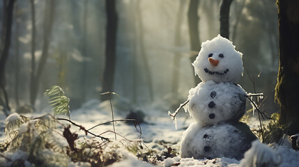 Winter background with a dirty melted snowman in a winter snowy forest. New Year header for a website with Copy space.