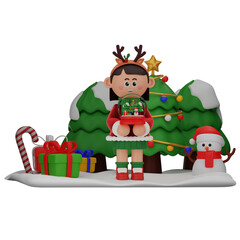 3d girl cartoon christmas Holding Snow Globe pose isolated on transparent background