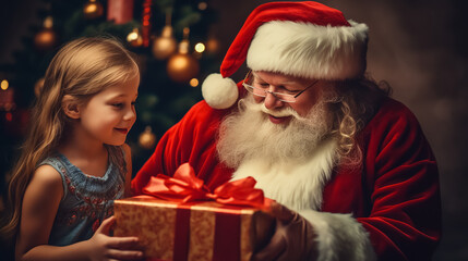 Fototapeta na wymiar Happy Santa Claus gives a child a Christmas gift on the background of a Christmas tree.
