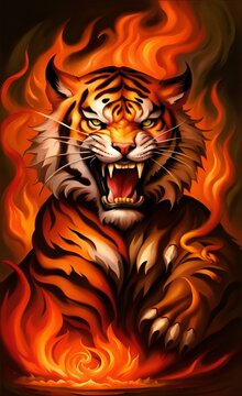 painting of a tiger with flames in the background.