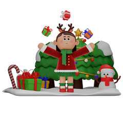 3d girl cartoon christmas Playing With Gifts pose isolated on transparent background