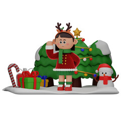 3d girl cartoon christmas Pointing pose isolated on transparent background