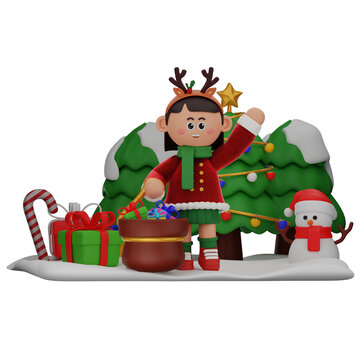 3d girl cartoon christmas Say Hi with Sack of Gifts pose isolated on transparent background