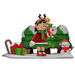 Naklejka premium 3d girl cartoon christmas Speaking On A Megaphone pose isolated on transparent background