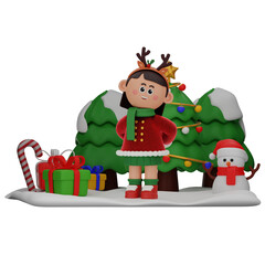 Naklejka premium 3d girl cartoon christmas Stand pose isolated on transparent background
