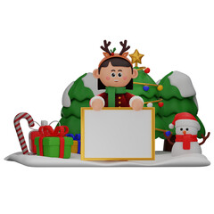 3d girl cartoon christmas Standing Behind Whiteboard pose isolated on transparent background