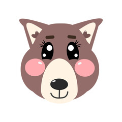 Cartoon kawaii cute brown wolf face or head for children isolated on white background