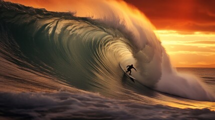 A Surfer Riding a Massive Wave at Sunset