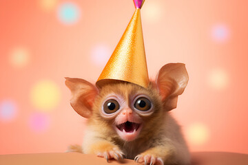 Fototapeta premium Cheerful tarsier with a shiny golden hat against a bokeh backdrop