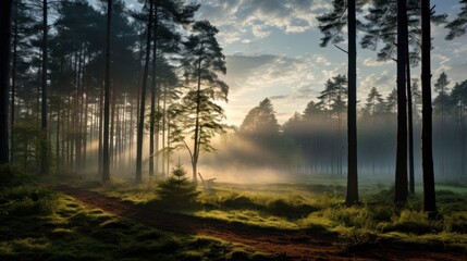Beautiful morning mist over a wide angle lens of realistic light forest. - obrazy, fototapety, plakaty