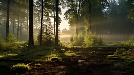 Obraz premium Beautiful morning mist over a wide angle lens of realistic light forest.
