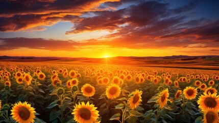 Obraz premium Beautiful sunset over sunflowers field