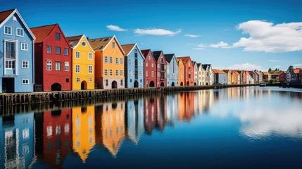 Fototapete Nordeuropa Colorful houses over water in Trondheim city - Norway