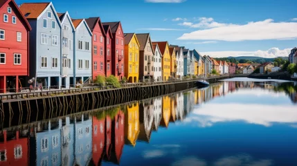 Papier Peint photo Europe du nord Colorful houses over water in Trondheim city - Norway