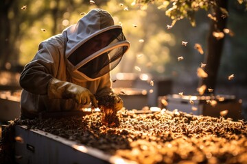 Honey Harvest. Beekeeper Collecting Honey from Hive Frames