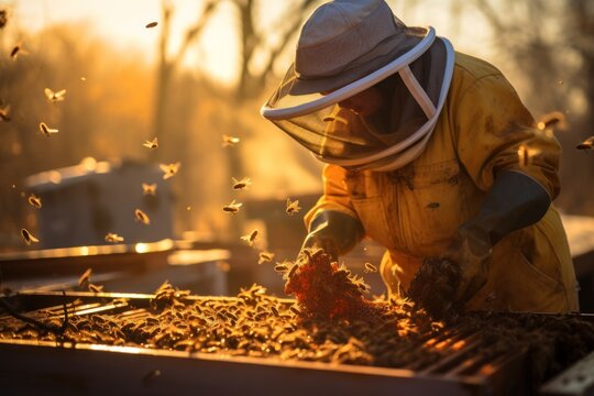 Honey Harvest. Beekeeper Collecting Honey from Hive Frames
