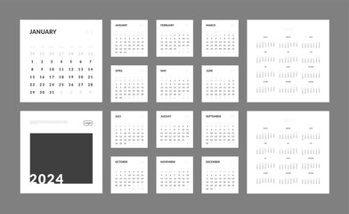 Set of monthly calendar planner page templates for 2024, annual 2025, cover with Place for Photo, Logo. Vector layout of wall or desk minimalist calendar in Square shape with week start on Monday