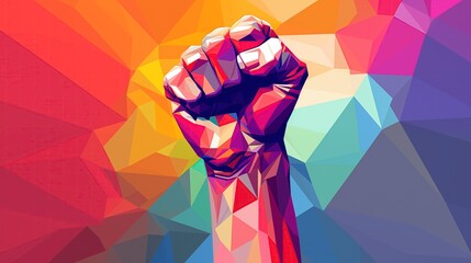 Colorful raised up clenched male fist. geometric polygonal style.