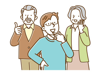 喜んでいるシニア夫婦と息子の3人のイラスト