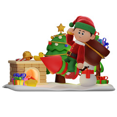 3d boy character christmas Ride Firecracker While Bring Sack Of Gifts pose