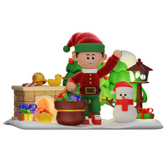 3d boy character christmas Say Hi with Sack of Gifts pose