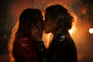 Lesbian Couple in Love on a Street Date in the Rain, Creating Memorable Moments with Tender Kisses and Loving Embraces in the Rainy Urban Landscape