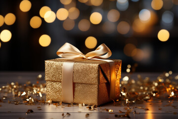 A gift wrapped in gold paper with a glittering, festive background. Generative AI. 