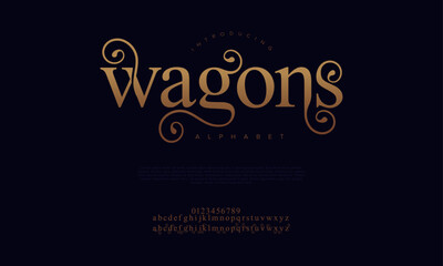 Wagons premium luxury elegant alphabet letters and numbers. Elegant wedding typography classic serif font decorative vintage retro. Creative vector illustration