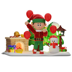 3d boy character christmas With Red Balloons Around pose