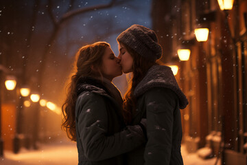 Lesbian Couple in Love on a Snowy Street Date, Expressing Their Affection with Tender Kisses and Joyful Embraces in the Winter Wonderland