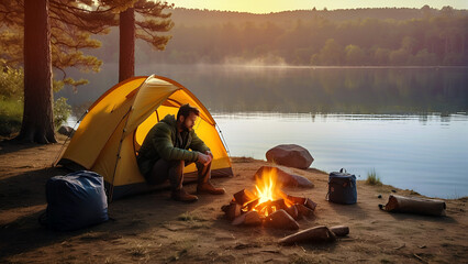 Man sat in his tent watching the campfire by a lake - obrazy, fototapety, plakaty