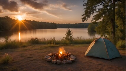 Camping tent at sundown with a fire