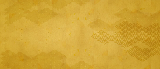 日本伝統の金の和紙素材に雲の和柄模様のワイド背景素材 - obrazy, fototapety, plakaty