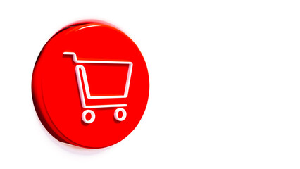 Red shopping cart button on white surface, sales and marketing theme, 3d illustration