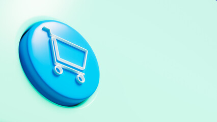 Shopping cart icon on blue button in flat background, internet commerce and sales theme