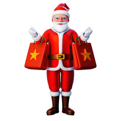 3D character of santa claus holding two shopping bags, Merry Christmas and Happy New Year, 3d illustration and rendering