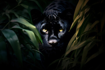 a Black Panther peeks out from behind a bush of leaves in close up in a tropical rain forest.